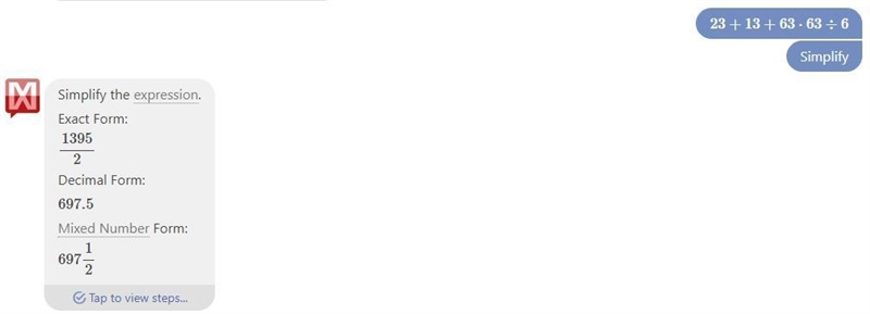 Simplify the following expression. 23 + 13 + 63 × 63 ÷ 6 =-example-1