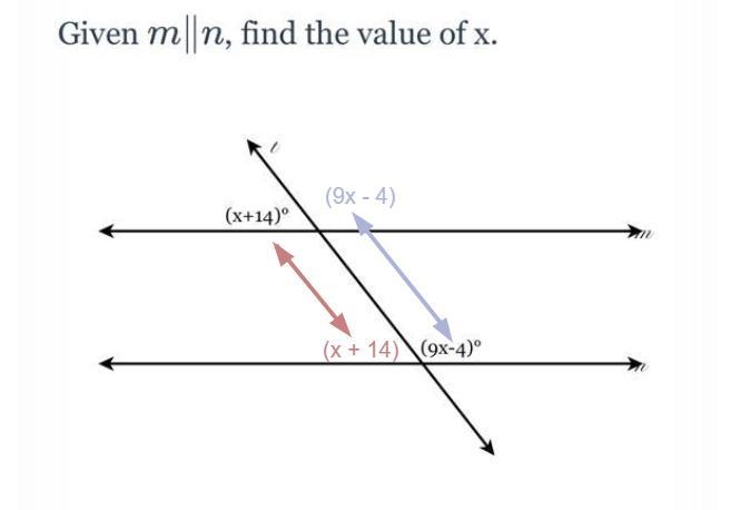 Given mn, find the value of x. (x+14)° (9x-4)º-example-1