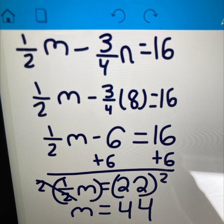 What is the value of m in the equation 1/2m - 3/4n = 16 when n=8? O 20 O 32 O 44 O-example-1