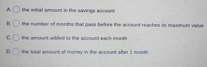 The amount of money in a savings account is modeled by the function f(x) = 50+100 , where-example-1