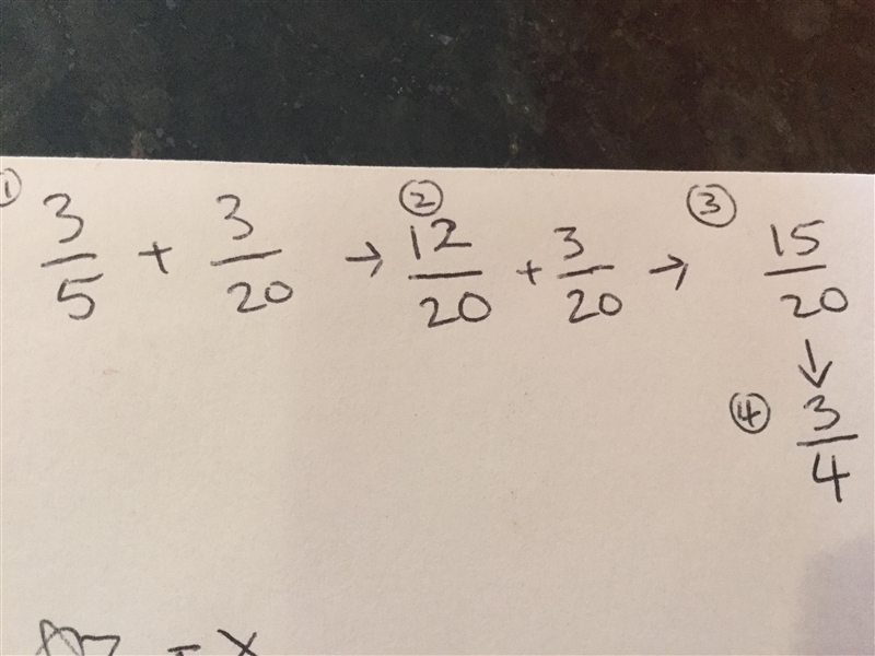 Add or subtract. use the least common multiple as the denominator what is 3/5+3/20-example-1