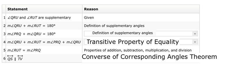 ∠QRU and ∠RUT are supplementary. Complete the proof that QS∥TV.-example-1