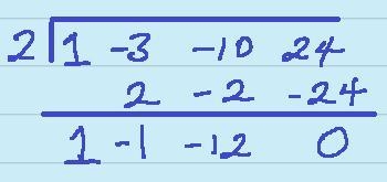 Use synthetic division to completely factor y=x^3-3x^2-10x+24 by x – 2.A. y = (x – 2)(x-example-4