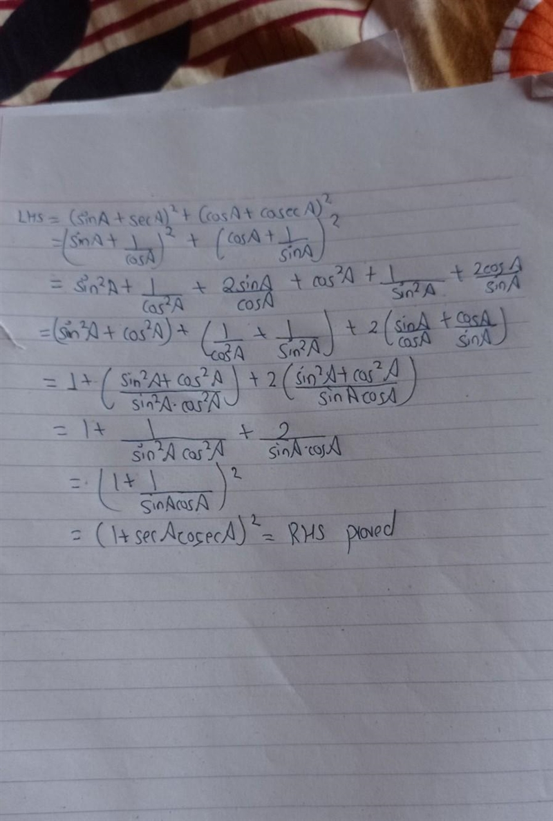 Prove that :- (sinA + secA)² + (cosA + cosecA)² = 1 + secAcosecA​-example-1