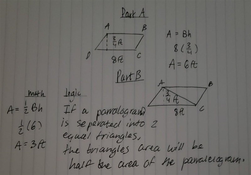 A parallelogram ABCD is shown with DC equal to 8 feet and the perpendicular distance-example-1