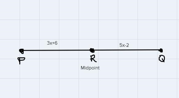 R is the midpoint of line segment of PQ. PR is 3x + 6 and RQ is 5x - 2.Find the followingX-example-1