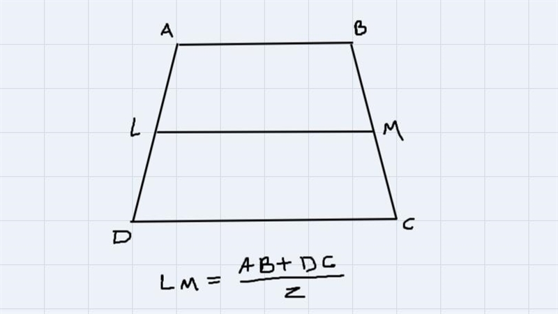 Line LM is the midsegment of trapezoid ABCD. AB = x + 8, LM = 4x + 3, and DC = 187. What-example-1