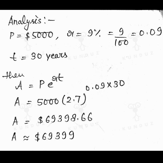 Arianna invests $5,000 into the stock market which earns 9% per year. In 30 years-example-1