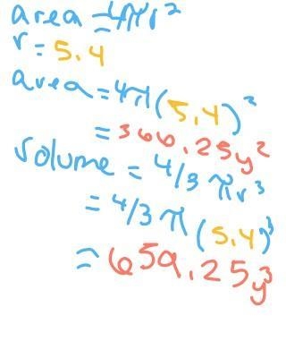 A sphere has a radius of 5.4 yards. Find its a. volume and b. surface area. Use 3.14 for-example-1