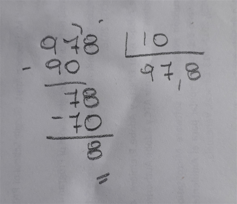 What is the missing number in the solution to 978 = 10 below? 97 R8 10) 978 -90 -70 8 O-example-1