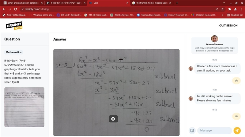 if f(x)=6x^4-17x^3-57x^2+153x+27, and the graphing calculator tells you that x=3 and-example-1