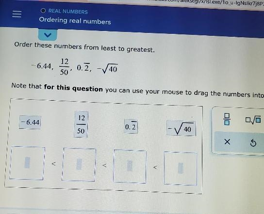 Order these numbers from least to greatest. -6.44, 12/50, 0.2, -40.-example-1