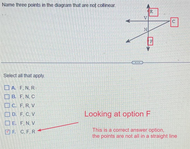 Name three points in the diagram that are not collinear. Select all that apply. A-example-5