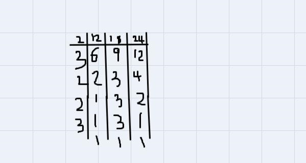 I need help to find lcd in rational equation here's a example 1/12;5/18;7/24-example-1