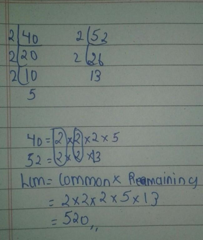 What is the least common multiple of 40 and 52?-example-1