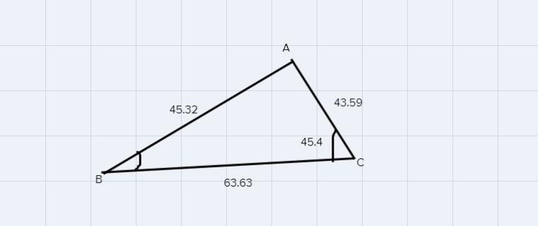 Find the measure of angle B.a=63.63 mi, b= 43.59 mi, C= 45.4 degrees-example-2