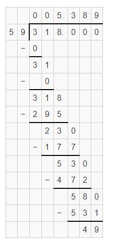 Find the quotient. 5 R[?] 59)318 Enter 1-example-1