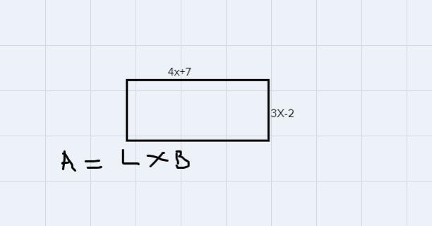 Camping A rectangular campground has length 4x + 7 and width 3x – 2. What is the area-example-1