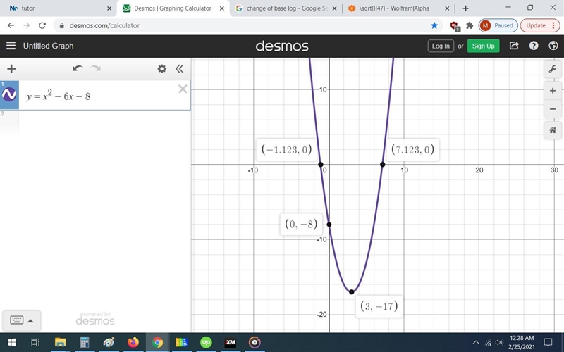 Graph the equation y=x²- 6x - 8. you must plot five points including the roots and-example-1