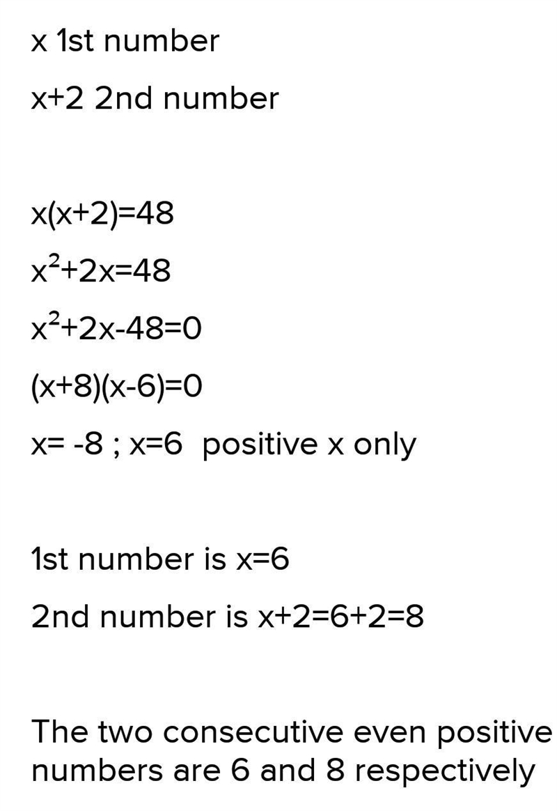 The product of two consecutive positive even number is 48. Find the number using factorization-example-1