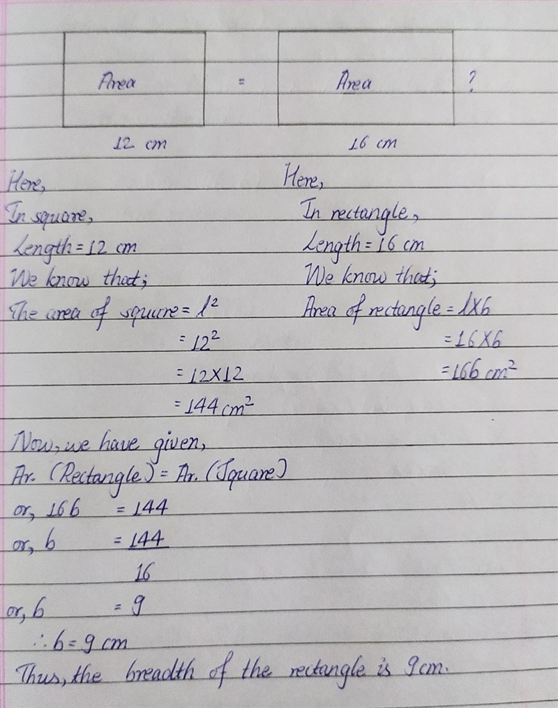 A square has 12 cm length and it's area is equal to the area of a rectangle having-example-1