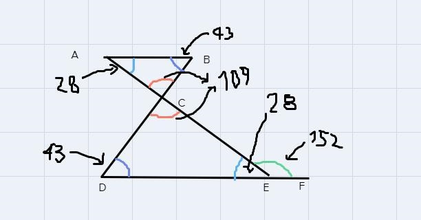 In the diagram below, AB || DEF, AE and BD intersect at C, m2B = 43°, and mZCEF = 152°.-example-2