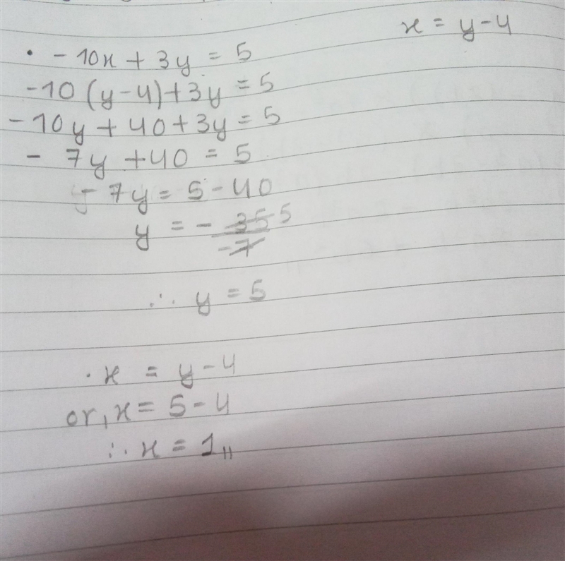 Solve the system of equations. ​ −10x+3y=5 x=y−4 ​-example-1