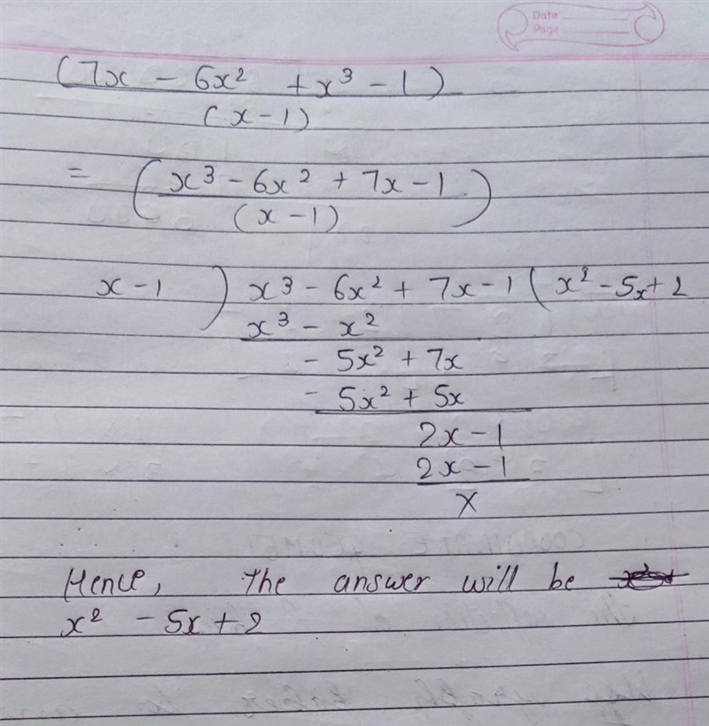 Divide. (7x − 6x^2 + x^3 − 1) ÷ (x − 1)-example-1