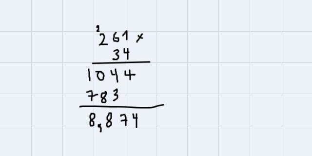 Complete the multiplication problem to find the answer. 2.61 x 3.4 1044 7830 O A. 88.74 OB-example-1