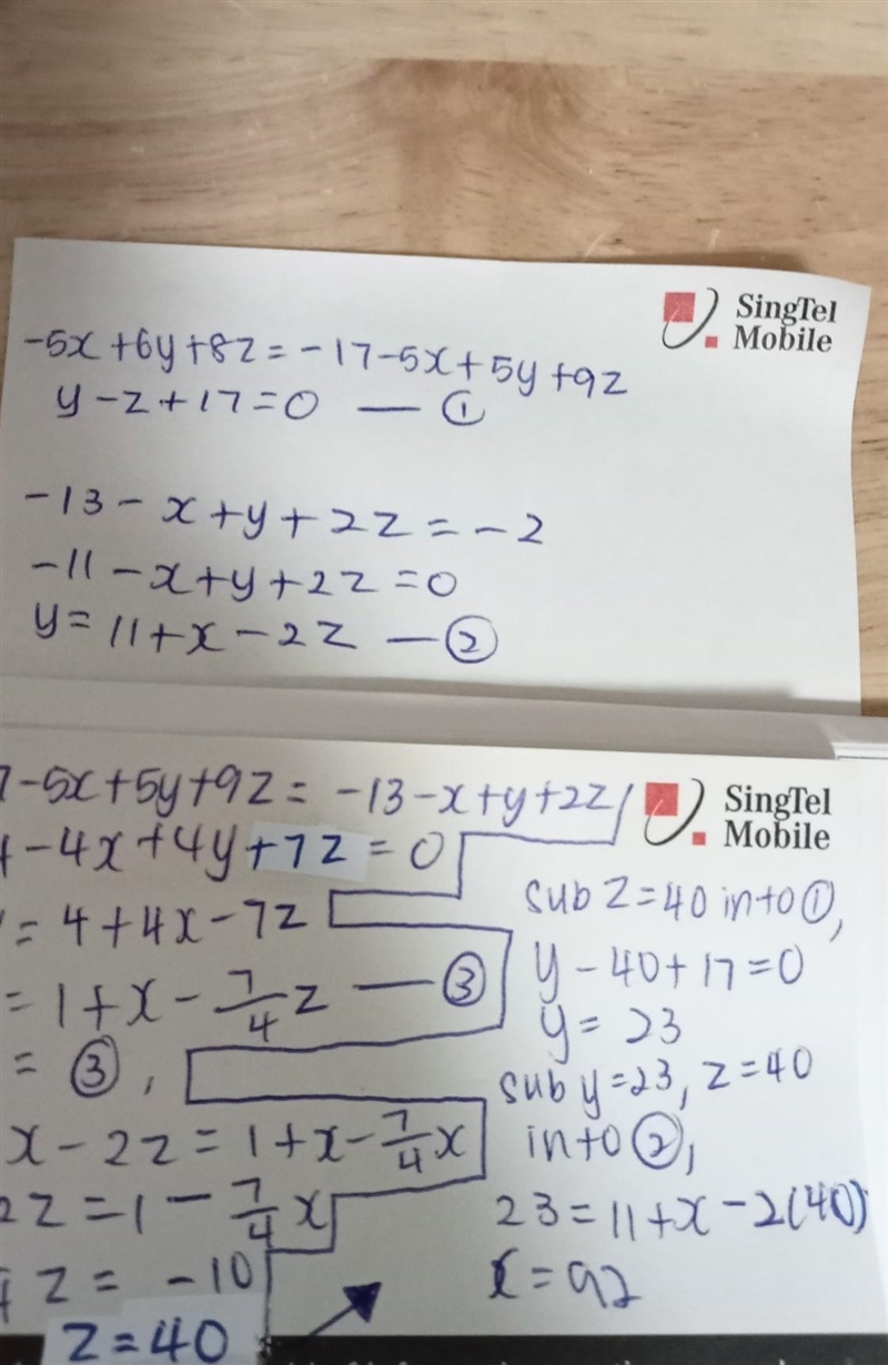 Find the solution to the given system of equations. ⎧ ⎪ ⎨ ⎪ ⎩ − 5 x + 6 y + 8 z = − 17 − 5 x-example-1