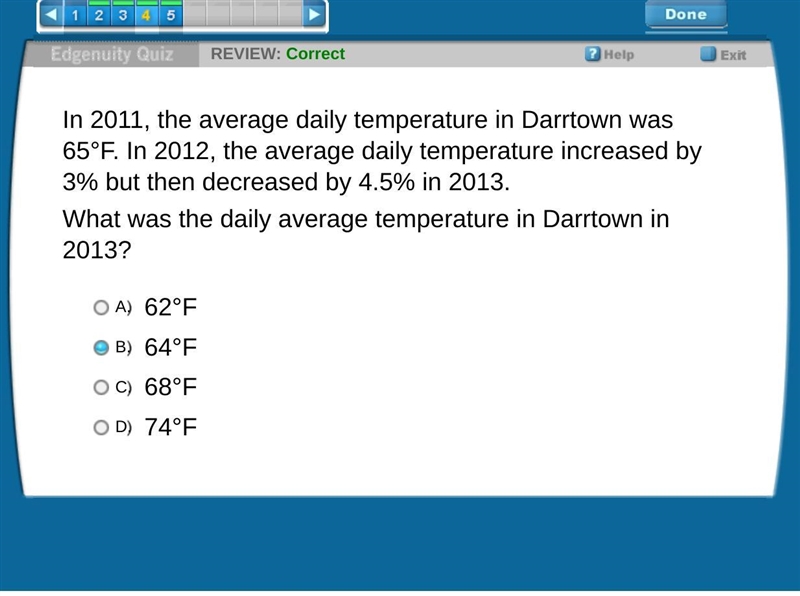 In 2011, the average daily temperature in Darrtown was 65°F. In 2012, the average-example-1