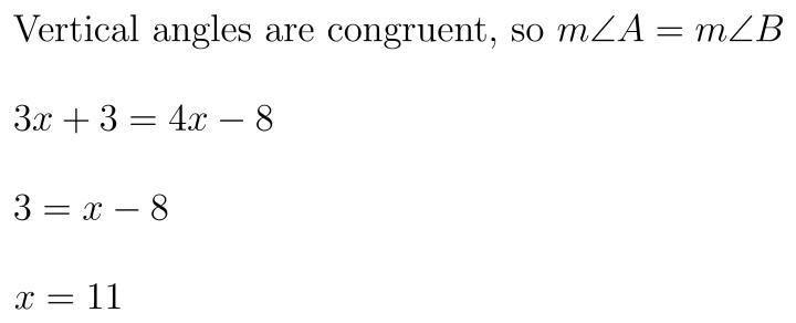 ∠A and \angle B∠B are vertical angles. If m\angle A=(3x+3)^{\circ}∠A=(3x+3) ∘ and-example-1