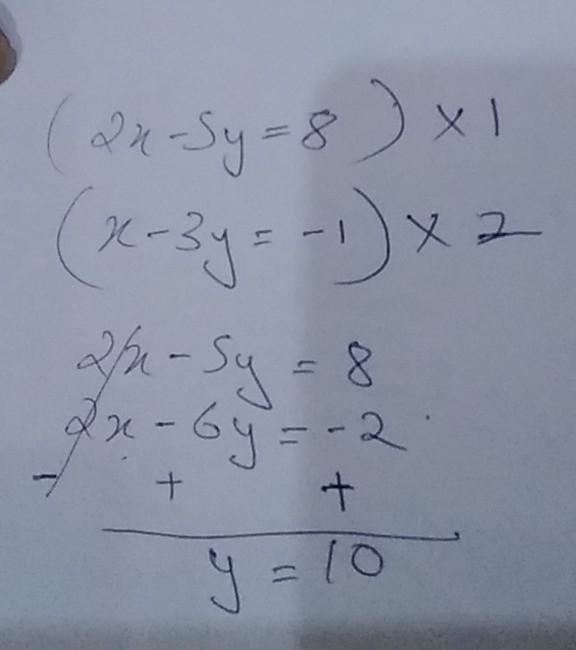 Solve the system using elimination. 2x - 5y = 8 x−3y=−1-example-1