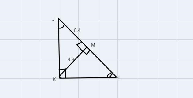 Altidude km is drawn to the hypotenuse of right traingle jkl if km=4.8 and jm =6.4 find-example-1