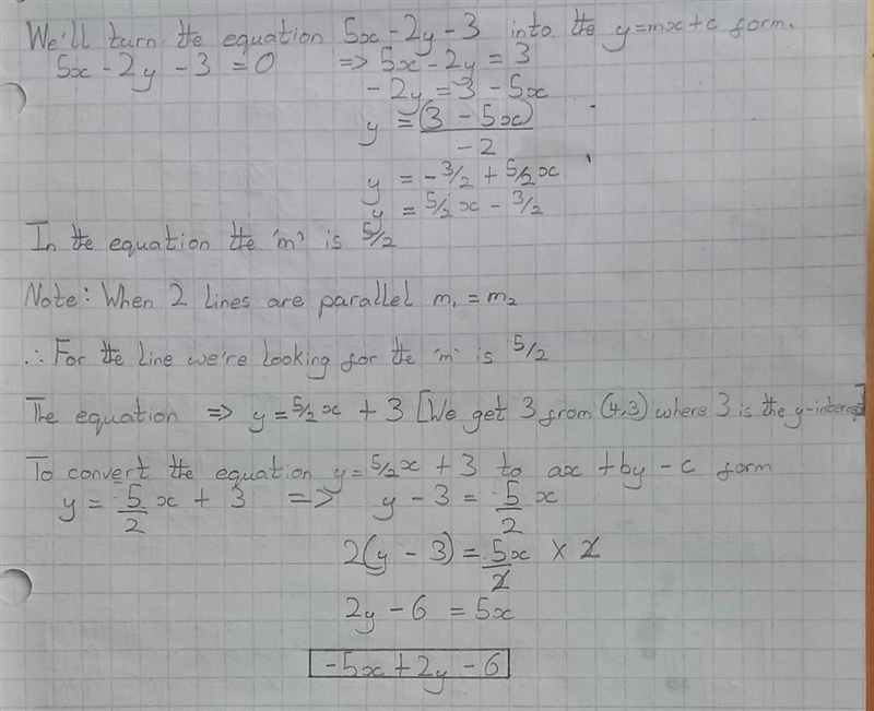 Write an equation of the line that passes through (4, 3) and is parallel to the line-example-1