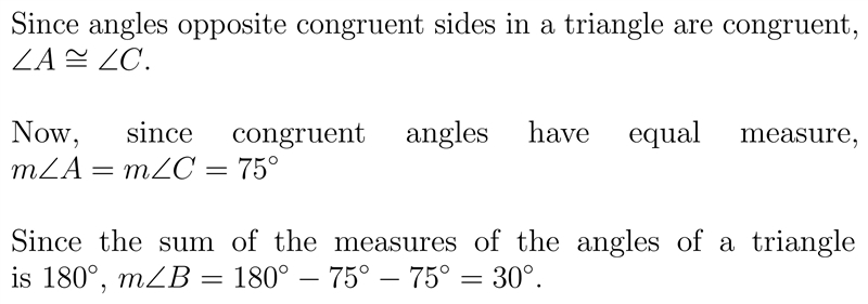 Triangle ABC is an isosceles triangle with AB = BC and mA=75°. What is mB?-example-1