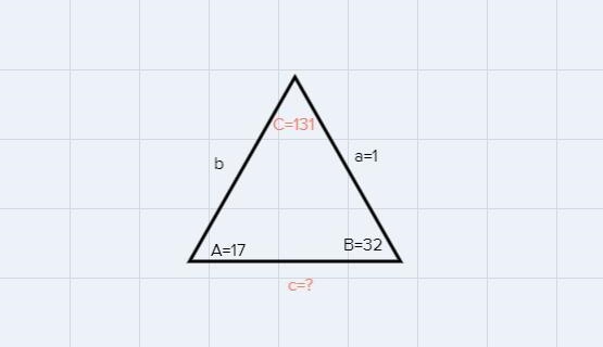 Given a triangle with a = 1, A = 17°, and B = 32°, what is the length of c? Round-example-1