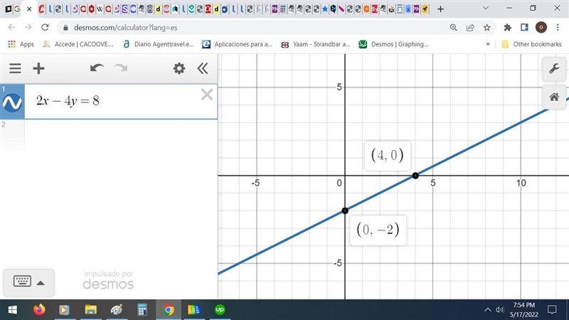 Graph the equation 2x – 4y = 8.-example-1