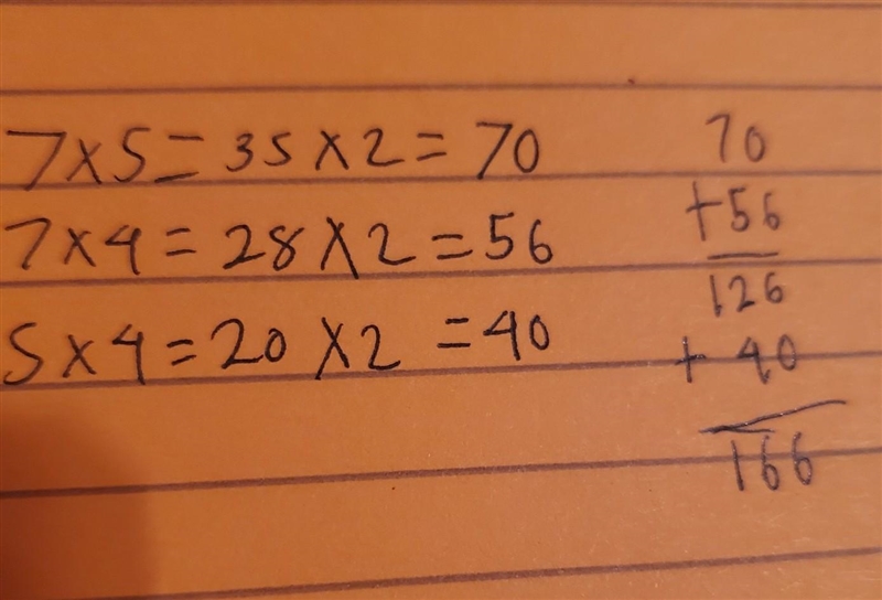 What is the surface area? 5 m 7 m 4 m 140 m squared 16 m squared 166 m squared 156 m-example-1