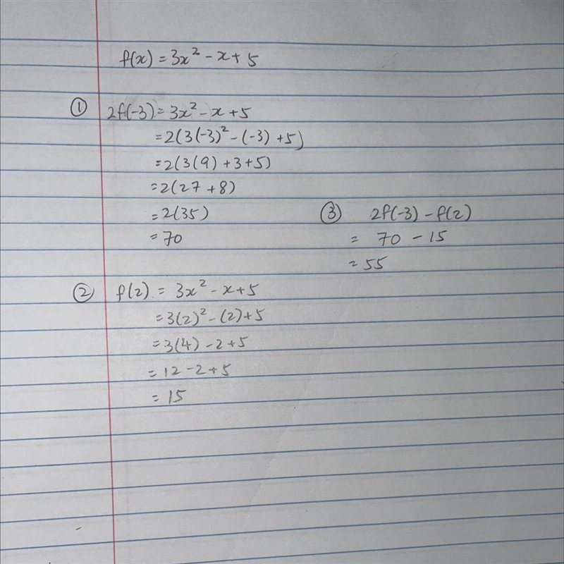 For f(x) = 3x²-x+5, 2f(-3) - f(2)​-example-1