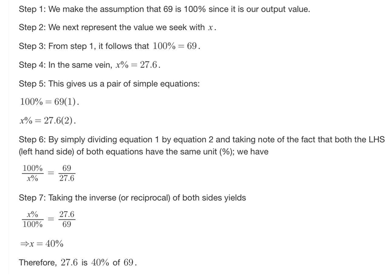 The number 27.6 is what percent of 69? The number 27.6 is ____% of 69. (Round to the-example-1