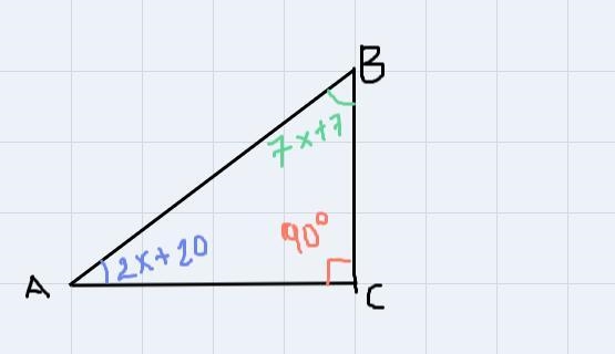 In right triangle ABC, m angle A=2x+20, m angle B=7x+7, and m angle C=90 find the-example-1