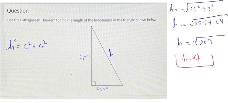 Use the Pythagorean Theorem to find the length of the hypotenuse in the triangle shown-example-1