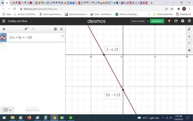 Find x intercept and the y intercept then graph equation;11x+6y=-33-example-1