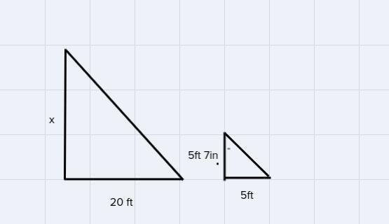 A tree of unknown height cast a shadow that is 20 ft long. If a person is 5 feet seven-example-1