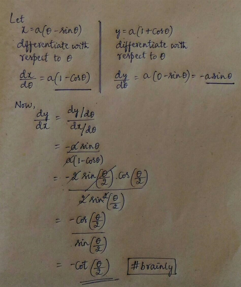 Find (dy)/(dx) if x = a( \theta - \sin \theta), y = a(1 + \cos \theta) Or Prove that-example-1