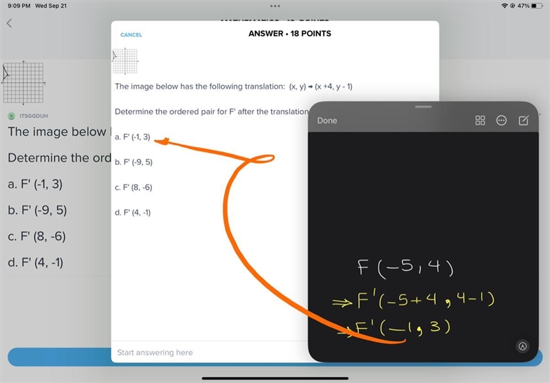 The image below has the following translation: (x, y) → (x +4, y - 1) Determine the-example-1