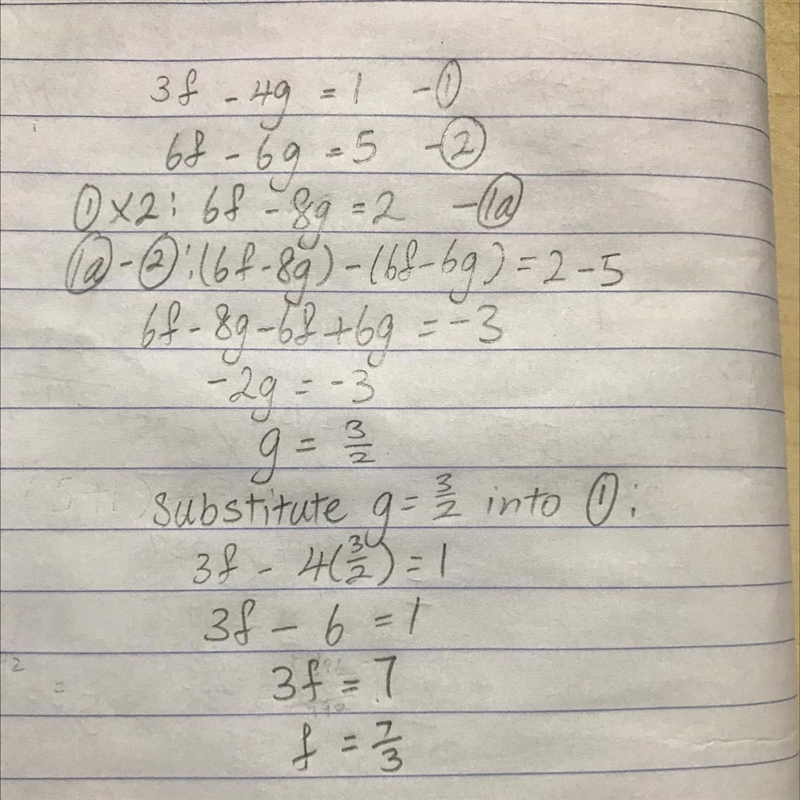 3f–4g=1 6f–6g=5 use the elimination method​-example-1