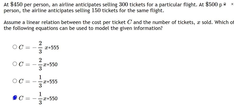 At $450 per person, an airline anticipates selling 300 tickets for a particular flight-example-1