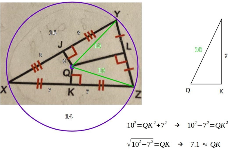 If XY=16, XZ=14, JQ=6, and the radius of the circumscribed circle of triangle XYZ-example-1